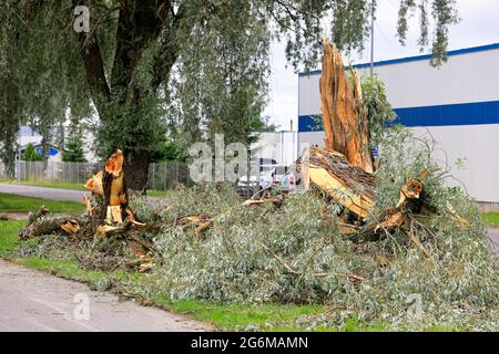 Arbre tombé et dégâts par Satamakatu rue, Meriniitty. Un orage violent le 23 juin a causé des dommages à Salo, en Finlande. 24 juin 2021. Banque D'Images