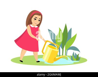 Petite fille en robe rose eaux de croissance de plantes avec arrosoir.Mignon femme enfant hobby jardinage.Enfant travaillant dans un jardin de légumes vecteur illustration isolée Illustration de Vecteur