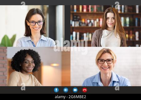 Diverses femmes qui font la vidéoconférence en ligne, la vue d'écran Banque D'Images