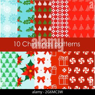 Illustration vectorielle de l'ensemble de 10 motifs de Noël lumineux et amusants dans un style de dessin animé plat. Illustration de Vecteur
