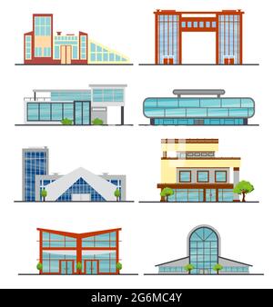 Ensemble d'illustrations vectorielles de bâtiments urbains modernes de style plat sur fond blanc. Illustration de Vecteur