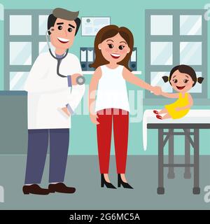 Illustration vectorielle du médecin pédiatre et de la mère avec une petite fille à l'hôpital. Prendre soin de la santé de l'enfant concept en dessin animé plat Illustration de Vecteur