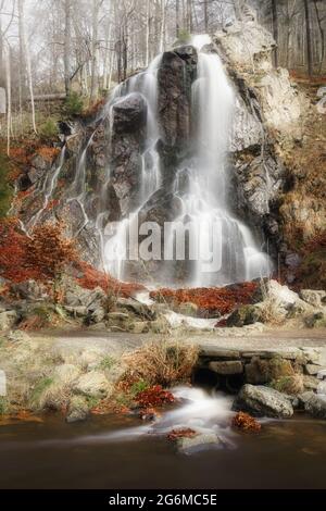 Cascade pittoresque dans la forêt des montagnes de Harz, Allemagne. Cascade de Radau à Bad Harzburg, Basse-Saxe. Banque D'Images