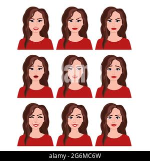 Illustration vectorielle d'une femme avec différentes expressions du visage. Emotions sur fond blanc et style plat. Illustration de Vecteur