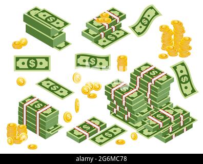 Illustration vectorielle de lots de dollars dispersés, empilés avec différents côtés isolés sur fond blanc. Billets en dollars avec pièces à l'état plat Illustration de Vecteur