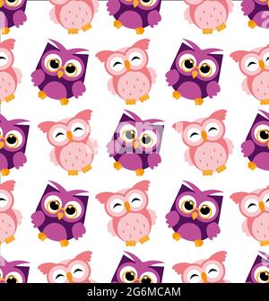 Illustration vectorielle d'un motif hibou coloré sur fond blanc. Joyeux et joyeux oiseaux de bande dessinée dans un style plat. Illustration de Vecteur