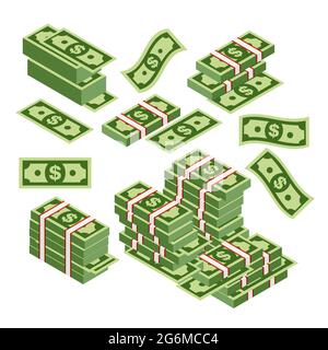 Illustration vectorielle de lots de dollars dispersés, empilés avec différents côtés isolés sur fond blanc. Billets de banque en dollars en forme de plat. Illustration de Vecteur