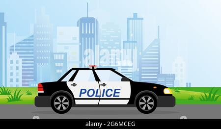 Illustration vectorielle de la voiture de patrouille de police sur un fond urbain moderne, dans un style plat. Illustration de Vecteur