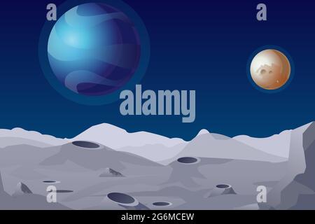 Illustration vectorielle du paysage lunaire avec cratères. De belles planètes en arrière-plan. Illustration de Vecteur