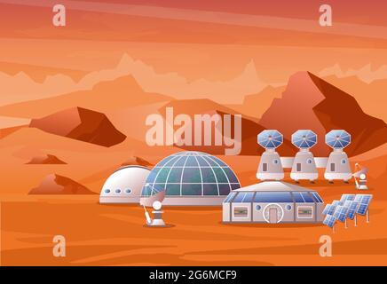 Illustration vectorielle concept de la mission de colonisation Mars. Paysage de Mars avec des montagnes. La maison pour les humains sur la planète rouge dans la conception plate. Illustration de Vecteur