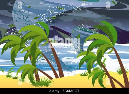 Illustration vectorielle d'un ouragan dans l'océan. Grandes vagues sur la plage. Concept tropical de catastrophe naturelle dans un style plat. Illustration de Vecteur
