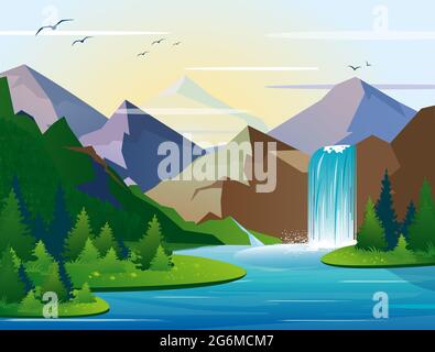 Illustration vectorielle de la belle cascade dans les montagnes paysage avec arbres, rochers et ciel. Bois vert avec nature sauvage, lac et feuillage de Bush dedans Illustration de Vecteur