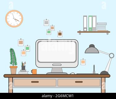 Vector illustration espace de travail pour indépendant avec ordinateur, lampe, étagère, livres, et tasse de café sur fond de mur bleu dans le style plat avec ligne. Illustration de Vecteur