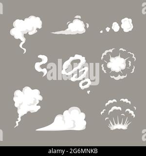 Modèle d'effets spéciaux pour ensemble de fumée vectorielle. Nuages de vapeur de dessin animé, bouffée, brouillard, brouillard, vapeur aqueuse ou explosion de poussière. Illustration de Vecteur