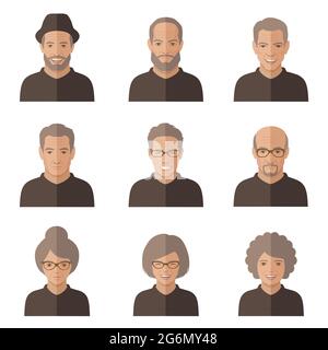 vecteur vieux visages de personnes. personnage principal de dessin animé. homme, icône de femme Illustration de Vecteur