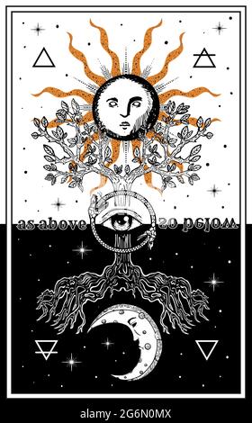 comme ci-dessus ainsi en dessous carte de tarot avec soleil et lune Illustration de Vecteur