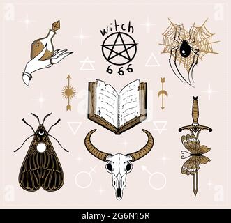 symboles sorcière magique : lune, araignée, soleil, 666, livre de sorcière, potion magique, épée, crâne de taureau, sorcellerie occulte Illustration de Vecteur