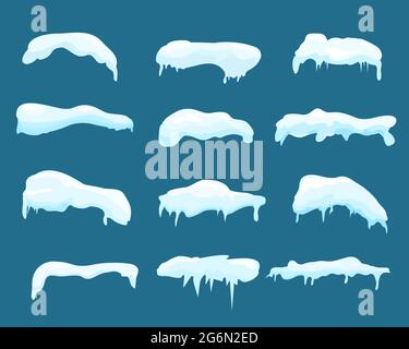 Ensemble de cadres vectoriels de neige et de glace. Cache-neige d'hiver, chasse-neige et glaces en forme de bande dessinée plate. Illustration de Vecteur