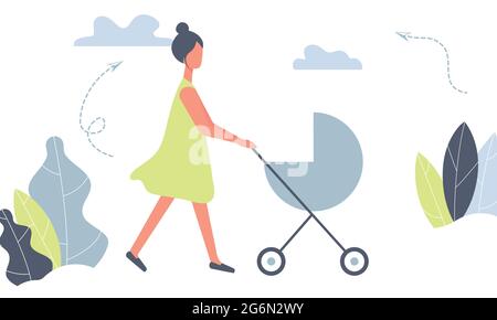 Mère heureuse sur une promenade avec le nouveau-né dans la poussette. Femme poussant le pram avec l'enfant dans le parc. Jeune maman avec bébé en poussette isolée sur fond blanc Illustration de Vecteur