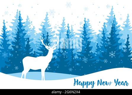 Illustration vectorielle pour carte de vœux avec cerf blanc sur fond d'arbres de noël, de style plat. Texte de bonne année. Illustration de Vecteur