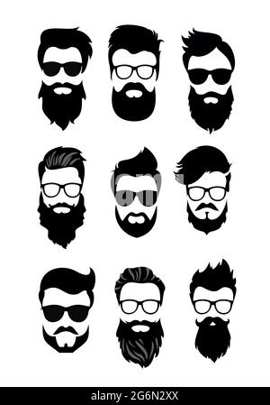 Illustration vectorielle d'un ensemble de visages masculins à barbe vectorielle, de vêtements taille basse avec différentes coupes de cheveux, de moustaches, de barbes. Silhouettes hommes coupe des cheveux à plat. Illustration de Vecteur