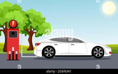 Concept d'infographie sur les voitures électriques plates. Voiture électrique de couleur blanche sur la station de charge, arbre vert, soleil, fond bleu ciel. Illustration vectorielle à plat Illustration de Vecteur