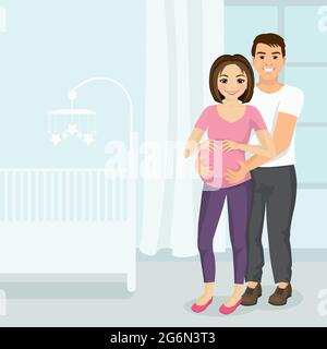 Illustration vectorielle d'un homme qui embrasse une femme enceinte dans la chambre des enfants. Concept « Happy couple » dans un style plat. Illustration de Vecteur