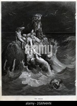 'The Deluge', Frontispiece à l'édition illustrée de la Bible de doré. Basé sur l'histoire de l'Arche de Noé, cela montre des humains et un tigre condamnés par le déluge fustieusement essayant de sauver leurs enfants et les petits. La première édition était 1866. Cette édition est probablement à partir de cette époque - mai bien être une première édition - mais en tout cas n'est certainement pas plus tard que 1900 ou ainsi. Gustave doré (1832-1883) le "Pannemaker" en bas à droite se réfère à Adolphe François Pannemaker (1822-1900) un des assistants de doré pour transformer son art en une gravure à part entière, et un graveur raisonnablement notable dans son Banque D'Images