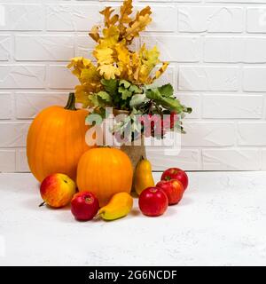 Composition artistique d'automne - une variété de feuilles séchées, de citrouilles, de pommes, de poires, de baies de rowan sur le fond d'un mur blanc. Automne, automne, halloween Banque D'Images