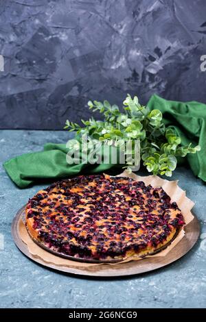 Gâteau français traditionnel clafouti aux raisins de Corinthe noirs. Dessert de fruits maison sucré Banque D'Images