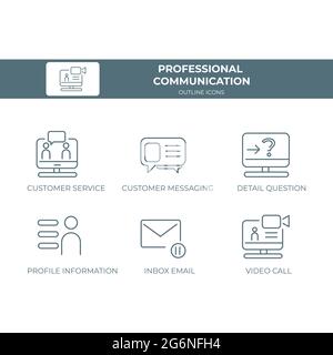 Icône de contour de communication professionnelle définie avec des icônes de message, de question, de profil et d'appel vidéo. Illustration de Vecteur