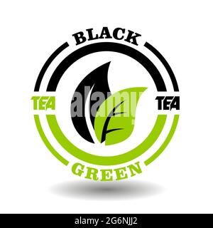 Logo cercle créatif du mélange de thé vert et noir. Concept rond icône de mélange de thé, composition de boisson à base de plantes avec symbole de feuilles vertes et noires Illustration de Vecteur