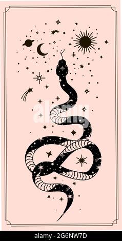 Alchimie ésotérique mystique magique céleste talisman avec serpent, soleil, étoiles géométrie sacrée isolée. Objet occultisme spirituel. Illustrations vectorielles o Illustration de Vecteur