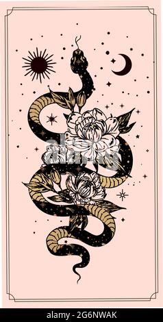 Alchimie ésotérique mystique magique céleste talisman avec serpent, soleil, étoiles géométrie sacrée isolée. Objet occultisme spirituel. Illustrations vectorielles i Illustration de Vecteur