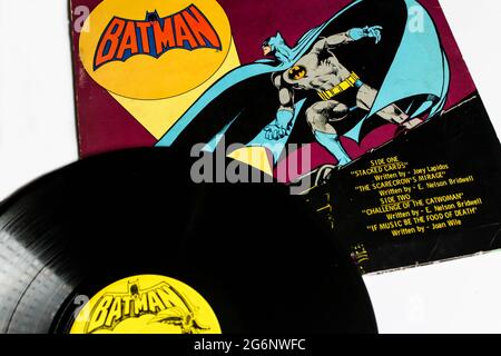 Batman LP Vinyl Record Album, Power Records - 8155, Children's, Story, 1975, Original presser. Bande dessinée pour la couverture de l'album pour enfants, à l'arrière Banque D'Images