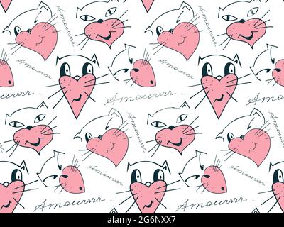 Motif vectoriel sans coutures chats in love. Dessin animé à la main, style doodle. Visages d'animaux amusants en formes de coeur rose. Texte Amour. Illustration de Vecteur