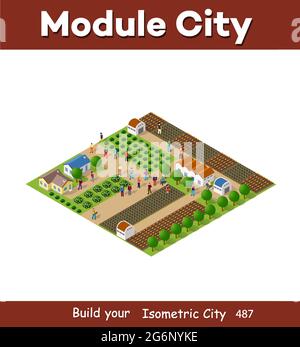 Rural isométrique nature écologique ferme avec lits Illustration de Vecteur