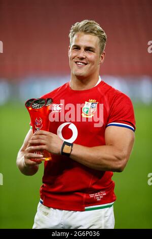 Homme du match Duhan van der Merwe des Lions britanniques et irlandais lors du match de la série Lions de Castle Lager au Emirates Airline Park à Johannesburg, en Afrique du Sud. Date de la photo: Mercredi 7 juillet 2021. Banque D'Images