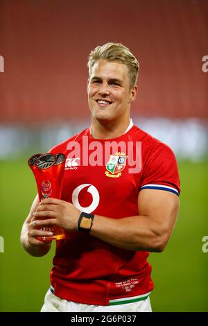 Homme du match Duhan van der Merwe des Lions britanniques et irlandais lors du match de la série Lions de Castle Lager au Emirates Airline Park à Johannesburg, en Afrique du Sud. Date de la photo: Mercredi 7 juillet 2021. Banque D'Images