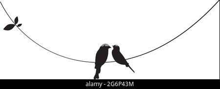 Oiseaux sur fil, vecteur. Silhouettes de couple d'oiseaux. Design minimaliste scandinave. Illustration d'oiseaux isolée sur fond blanc. Art mural, artwor Illustration de Vecteur