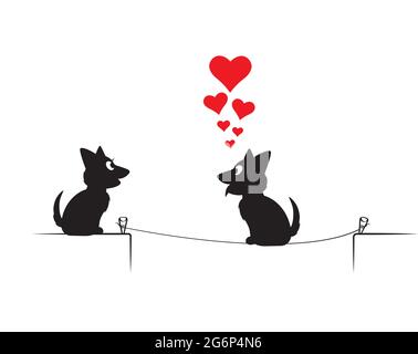 Chiens silhouettes sur fil dans l'amour, vecteur. Les chiens se couple amoureux de cœur rouge illustration. Personnage de dessin animé isolé sur fond blanc. Autocollant mural Illustration de Vecteur