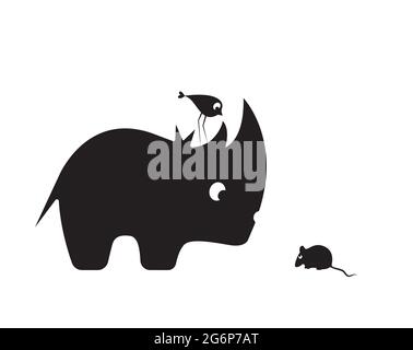 Illustration de dessin animé Rhino, oiseau et souris isolée sur fond blanc, vecteur. Rhino, silhouette d'oiseau et de souris. Motif art puéril amusant, décalcomanies murales Illustration de Vecteur