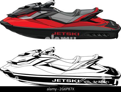 Jet ski vecteur, rouge, isolé sur fond blanc, noir et blanc réaliste illustration de vecteur Illustration de Vecteur