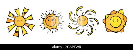 Les personnages du soleil kawaii avec les yeux et les sourires. Visages souriants au soleil jaune avec style Doodle. Illustration vectorielle noir et blanc isolée sur fond blanc Illustration de Vecteur