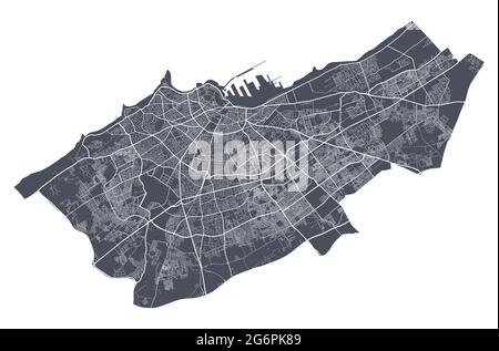 Plan de Casablanca. Carte vectorielle détaillée de la zone administrative de Casablanca. Vue sur l'aria métropolitain avec affiche CityScape. Terre sombre avec rues blanches, roa Illustration de Vecteur