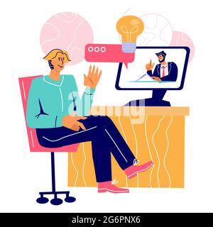 Réunion d'affaires en ligne ou conférence avec un homme au bureau discuter avec des collègues. Illustration de Vecteur