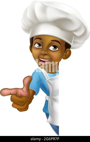 Black Boy Cartoon Child Chef – affiche pour enfants pointant vers l'avant Illustration de Vecteur