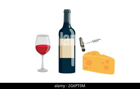 Bouteille, verre de fromage à vin et kit de tire-bouchon. Vecteur de brut Illustration de Vecteur