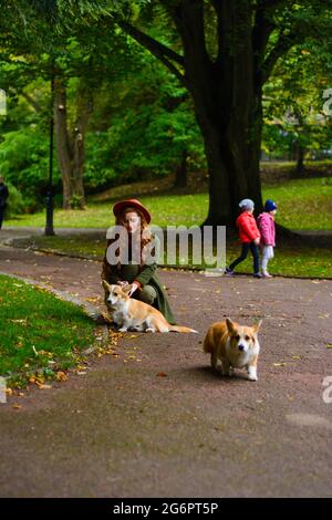 Lviv, Ukraine 21 octobre 2020: Marcher et jouer avec un chien corgi, le parc Styi d'automne et Lviv. Nouveau Banque D'Images