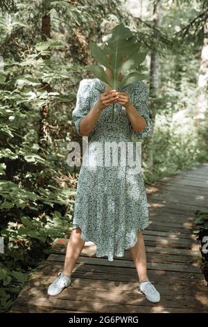 La jeune femme se tient dans l'arche et cache son visage derrière la feuille de plante. Personnes méconnaissables. Banque D'Images